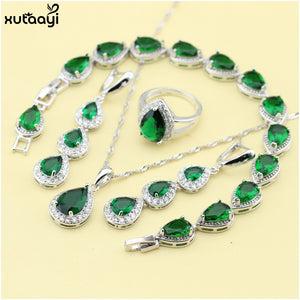 XUTAAYI Top Quality Silver Color Jewelry Sets Green Imitated Emerald Fancy Necklace/Rings/Earrings/Bracelet Wedding Jewelry