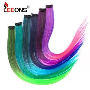 Leeons  Long Straight Women High Temperature Synthetic Clip In Hair Extension Hairpiece Purple Pink Red Blue Rose Colorful